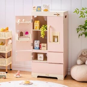 Robud Wooden Play Fridge ، Fridge Fridge Fridzer مع صانع الجليد ، وعبث ثلاجة المطبخ ، وهدية مسرحية المطبخ للأطفال والأطفال الصغار ، 3+ (Pink) (Pink)