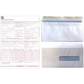 NEW CMS 1500 - نماذج مطالبة التأمين HCFA والخقد الذاتي رقم 10-1/2 مغلفات نافذة ملونة - 100 نماذج ومظاهر