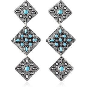 Boho Turquoise Earrings for Women Handmade Cross Bohemian Healing Stone Earrings Western Natural Turquoise Silver Dangle Earrings Vintage Ethnic Jewelry (3 Diamond) in Kuwait