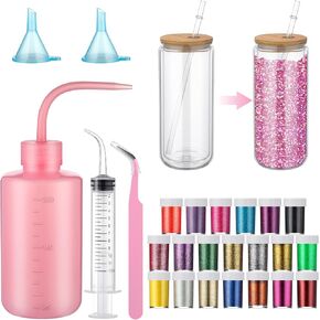 TEENYYOU 5 PCS SNOW GLOBE Supplies مع 20 زجاجة من اللمعان المكتنزة لبراقة الثلج GLOBE DIY يحتوي على زجاجة بلاستيكية قمع صغير محقنة عازمة على كوب صنع لوازم