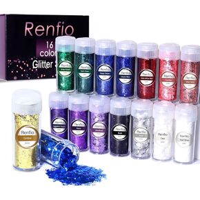 Renfio Holographic Glitter, 16 Colors Resin Glitter Set Each 15g/0.53oz Extra Fine Glitter for Crafts PET 1/128" Epoxy Resin Accessories Glitters Powder for Tumblers Slime Candle Making Nails Bomb in Kuwait