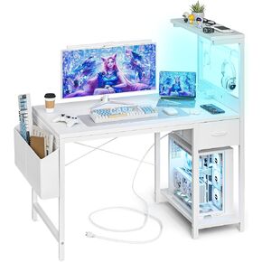 Gaming Desk 40 Inch with Power Outlet and LED Light, Computer Desk with Reversible Shelves and Storage Drawer, Pc Small Desk for Home Office Table with Bag, Carbon Fiber Black
