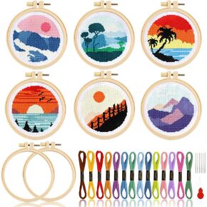 6PCS Cross Stitch Kits for Beginners DIY Embroidery Kit for Kids Adults Sunset Cross Stitch Kits Spring Birthday Gift Landscape Needlepoint Patterns with 2 Embroidery Hoops Craft Activity Supplies