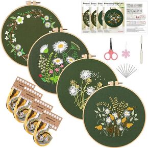 مجموعات 4pcs Needlepoint Kits للبالغين مجموعة التطريز للمبتدئين-مجموعات حرفية DIY الأزهار الكاملة مع الأطواق المطبوعة مسبقًا أدوات الخيوط العلاجية
