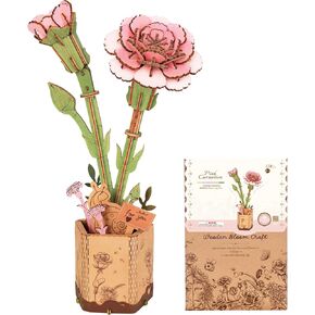ROBOTIME 3D Puzzle Wooden Flower Pink Carnation DIY Model Kit to Build for Adults Artifical Bouquet Collection Craft Brain Teaser Puzzle Creative Gift Home Decor
