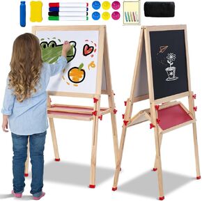 Easel for Kids ، Art Wooden Art قابل للطي Easel ، لوحة الطباشير والبيضاء المغناطيسية مع إكسسوارات للأولاد والبنات الصغار الذين تتراوح أعمارهم بين 3-8 عيد ميلاد مثالي هدية مثالية