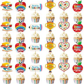 24Pcs Thank You Teacher Cupcake Toppers Thank You Cupcake Toppers Teacher Appreciation Decorations for Teachers Day Party Decorations