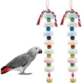Mineral Chew Toy 2-Pack-ألعاب الطيور الملونة بالخرز مع أجراس | طحن المنقار وإثراء العلف للببغاوات الرمادية الإفريقية ، الببغاوات الأمازون ، الببتوغ ، الكوكاتيل ، المسلسلات