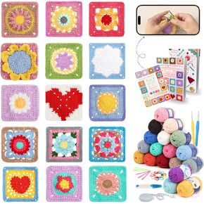 مجموعة Coopay Crochet Kit للمبتدئين ، مجموعة COCHET Square GRANNY W/50 دروس فيديو خطوة بخطوة ، طقم Ketting Kit Crochet Clist للبالغين تعلم الكروشيه مع 18 ألوان الغزل ، جدة مربع سطح السفينة