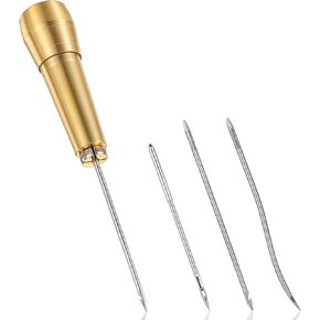 4 Piece Leather Awl Needle Set with Handle, Sewing Awl Kit for Leather Craft, Shoe Repair, Canvas and Tent Sewing, Durable Copper Handle with Versatile Needles for DIY, Professional