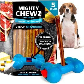7" Standard Bully Sticks (5 Pack) with Bully Stick Safety Device - No Choking/All Natural Pizzle Sticks and Bully Stick Holder