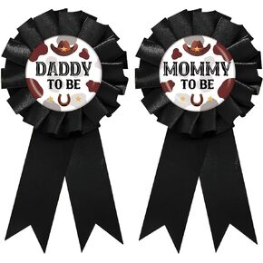 Western Cowboy Mom to Be Tinplate Badge Pin, Cowboy Daddy to Be Pin, Little Cowboy Gender Reveal Button for New Parents, Black Rosette Mom to Be Award Ribbon, Wild West Themed Baby Shower Party Favors