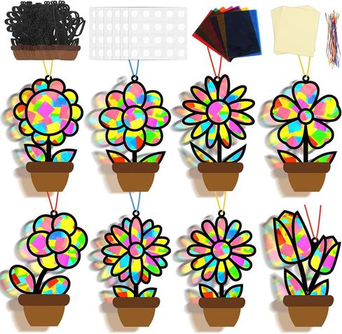 32 Sets Flower Spring Suncatchers Crafts Kit DIY Flower Pot Window Stained Glass Effect Paper Floral Home School Classroom Decoration Art Craft Creative Activity Project Kid Gift Favor in Saudi Arabia