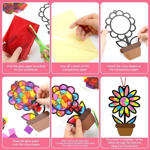 32 Sets Flower Spring Suncatchers Crafts Kit DIY Flower Pot Window Stained Glass Effect Paper Floral Home School Classroom Decoration Art Craft Creative Activity Project Kid Gift Favor in Saudi Arabia