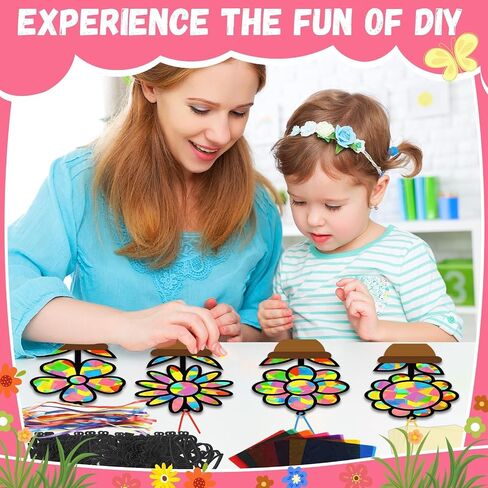 32 Sets Flower Spring Suncatchers Crafts Kit DIY Flower Pot Window Stained Glass Effect Paper Floral Home School Classroom Decoration Art Craft Creative Activity Project Kid Gift Favor in Saudi Arabia