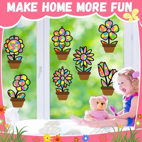 32 Sets Flower Spring Suncatchers Crafts Kit DIY Flower Pot Window Stained Glass Effect Paper Floral Home School Classroom Decoration Art Craft Creative Activity Project Kid Gift Favor in Saudi Arabia