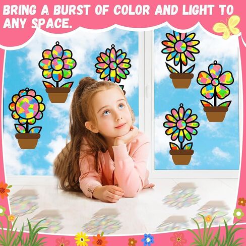 32 Sets Flower Spring Suncatchers Crafts Kit DIY Flower Pot Window Stained Glass Effect Paper Floral Home School Classroom Decoration Art Craft Creative Activity Project Kid Gift Favor in Saudi Arabia