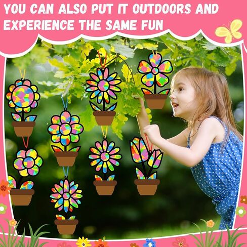 32 Sets Flower Spring Suncatchers Crafts Kit DIY Flower Pot Window Stained Glass Effect Paper Floral Home School Classroom Decoration Art Craft Creative Activity Project Kid Gift Favor in Saudi Arabia