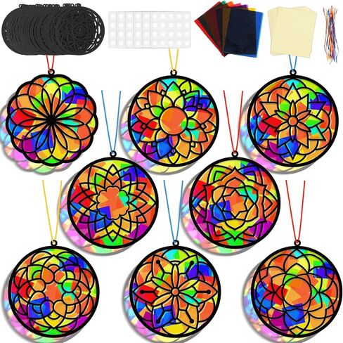 32 Sets Flower Spring Suncatchers Crafts Kit DIY Flower Pot Window Stained Glass Effect Paper Floral Home School Classroom Decoration Art Craft Creative Activity Project Kid Gift Favor in Saudi Arabia