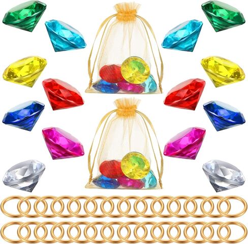 Chalyna 60 Pcs Acrylic Diamond Gem Jewelry Alloy Gold Round Ring Set Halloween Party Favor Pirate Treasure Hunting Cake Decor with Gift Bag for Birthday (Bright Style) in Saudi Arabia