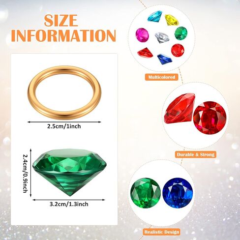 Chalyna 60 Pcs Acrylic Diamond Gem Jewelry Alloy Gold Round Ring Set Halloween Party Favor Pirate Treasure Hunting Cake Decor with Gift Bag for Birthday (Bright Style) in Saudi Arabia