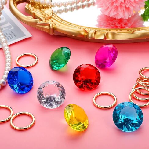 Chalyna 60 Pcs Acrylic Diamond Gem Jewelry Alloy Gold Round Ring Set Halloween Party Favor Pirate Treasure Hunting Cake Decor with Gift Bag for Birthday (Bright Style) in Saudi Arabia