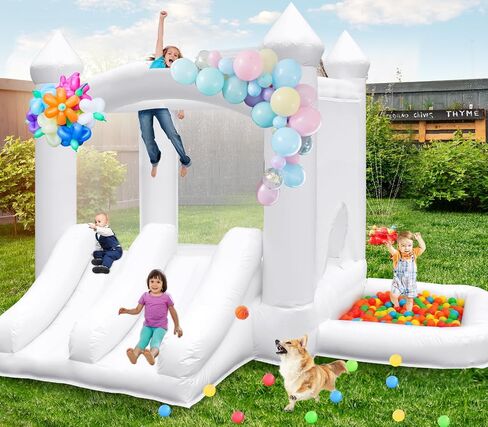 White Bounce House for Kids 3-12 PVC Indoor Outdoor Toddler Bouncy Castle with Double Slide Balloon and Blower, 144 x 108 x 84in, Children's Birthday Wedding Party in Saudi Arabia