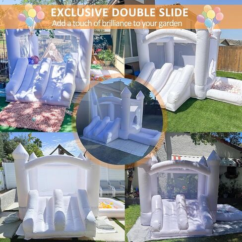 White Bounce House for Kids 3-12 PVC Indoor Outdoor Toddler Bouncy Castle with Double Slide Balloon and Blower, 144 x 108 x 84in, Children's Birthday Wedding Party in Saudi Arabia