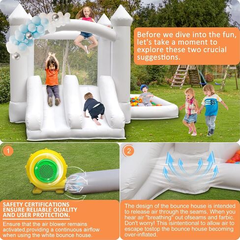 White Bounce House for Kids 3-12 PVC Indoor Outdoor Toddler Bouncy Castle with Double Slide Balloon and Blower, 144 x 108 x 84in, Children's Birthday Wedding Party in Saudi Arabia