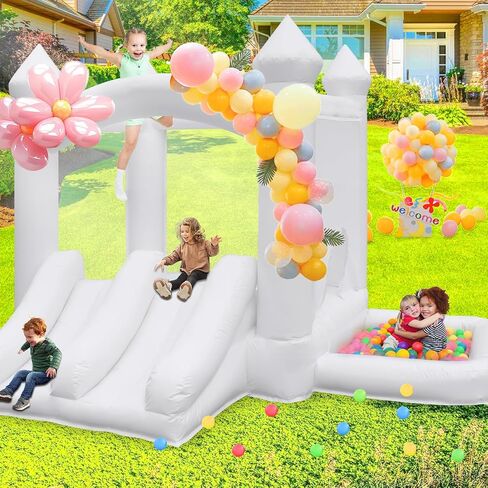 White Bounce House for Kids 3-12 PVC Indoor Outdoor Toddler Bouncy Castle with Double Slide Balloon and Blower, 144 x 108 x 84in, Children's Birthday Wedding Party in Saudi Arabia