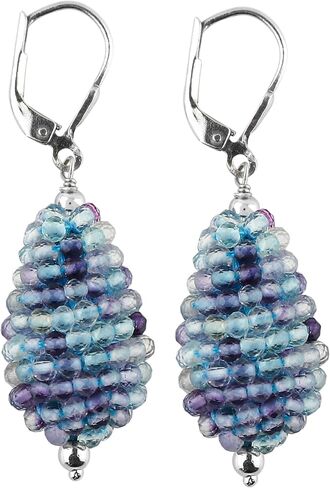 CRYSTALIS Fluorite Crochet Beaded Drops Earring Set, Dainty Pair Jewelry for Women, Natural Micro Beads Gemstone, Chakra Healing Crystal, Wardrobe Essential Jewelry, 925 Sterling Silver in Saudi Arabia