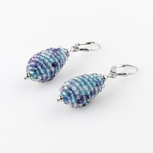 CRYSTALIS Fluorite Crochet Beaded Drops Earring Set, Dainty Pair Jewelry for Women, Natural Micro Beads Gemstone, Chakra Healing Crystal, Wardrobe Essential Jewelry, 925 Sterling Silver in Saudi Arabia