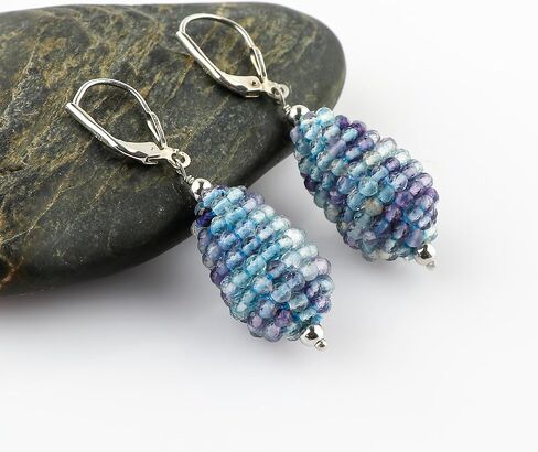CRYSTALIS Fluorite Crochet Beaded Drops Earring Set, Dainty Pair Jewelry for Women, Natural Micro Beads Gemstone, Chakra Healing Crystal, Wardrobe Essential Jewelry, 925 Sterling Silver in Saudi Arabia