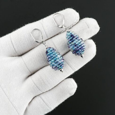 CRYSTALIS Fluorite Crochet Beaded Drops Earring Set, Dainty Pair Jewelry for Women, Natural Micro Beads Gemstone, Chakra Healing Crystal, Wardrobe Essential Jewelry, 925 Sterling Silver in Saudi Arabia