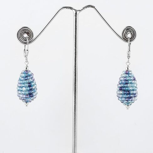 CRYSTALIS Fluorite Crochet Beaded Drops Earring Set, Dainty Pair Jewelry for Women, Natural Micro Beads Gemstone, Chakra Healing Crystal, Wardrobe Essential Jewelry, 925 Sterling Silver in Saudi Arabia