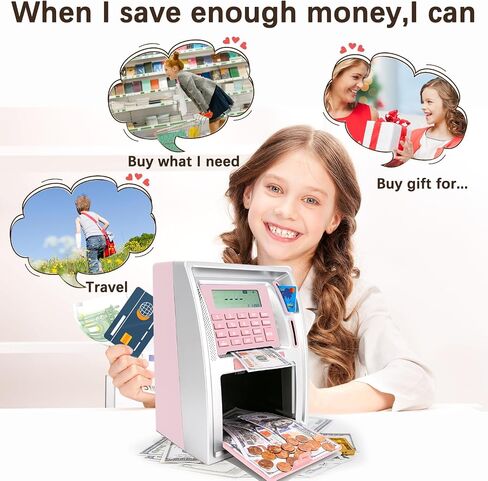 2024Upgraded ATM Piggy Bank with Power-Off Memory,Kids Talking Bank for Real Money,Auto-Opening Drawer,Onekey Shutdown,Debit Card,Coin Recognition，Bill FeederBalance Calculator Machine. in Saudi Arabia