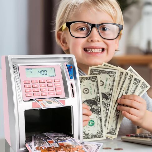 2024Upgraded ATM Piggy Bank with Power-Off Memory,Kids Talking Bank for Real Money,Auto-Opening Drawer,Onekey Shutdown,Debit Card,Coin Recognition，Bill FeederBalance Calculator Machine. in Saudi Arabia