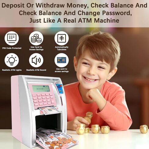 2024Upgraded ATM Piggy Bank with Power-Off Memory,Kids Talking Bank for Real Money,Auto-Opening Drawer,Onekey Shutdown,Debit Card,Coin Recognition，Bill FeederBalance Calculator Machine. in Saudi Arabia