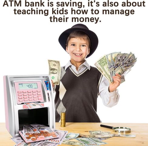 2024Upgraded ATM Piggy Bank with Power-Off Memory,Kids Talking Bank for Real Money,Auto-Opening Drawer,Onekey Shutdown,Debit Card,Coin Recognition，Bill FeederBalance Calculator Machine. in Saudi Arabia