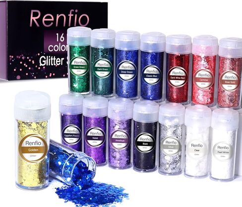 Renfio Holographic Glitter, 16 Colors Resin Glitter Set Each 15g/0.53oz Extra Fine Glitter for Crafts PET 1/128" Epoxy Resin Accessories Glitters Powder for Tumblers Slime Candle Making Nails Bomb in Kuwait