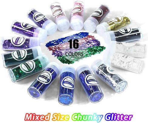 Renfio Holographic Glitter, 16 Colors Resin Glitter Set Each 15g/0.53oz Extra Fine Glitter for Crafts PET 1/128" Epoxy Resin Accessories Glitters Powder for Tumblers Slime Candle Making Nails Bomb in Kuwait