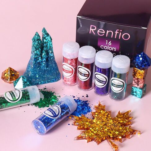 Renfio Holographic Glitter, 16 Colors Resin Glitter Set Each 15g/0.53oz Extra Fine Glitter for Crafts PET 1/128" Epoxy Resin Accessories Glitters Powder for Tumblers Slime Candle Making Nails Bomb in Kuwait