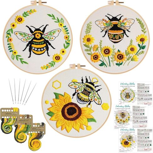 Nuberlic 3 Pack Embroidery Kit for Beginner Adults, Cross Stitch Set with Cute Bee Patterns, Includes Cloth, Hoops, Threads, Needles, Instructions in Kuwait