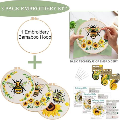 Nuberlic 3 Pack Embroidery Kit for Beginner Adults, Cross Stitch Set with Cute Bee Patterns, Includes Cloth, Hoops, Threads, Needles, Instructions in Kuwait
