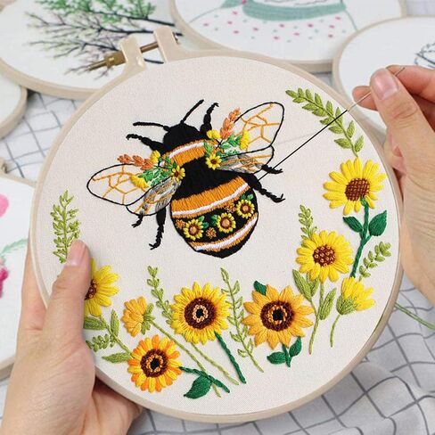 Nuberlic 3 Pack Embroidery Kit for Beginner Adults, Cross Stitch Set with Cute Bee Patterns, Includes Cloth, Hoops, Threads, Needles, Instructions in Kuwait