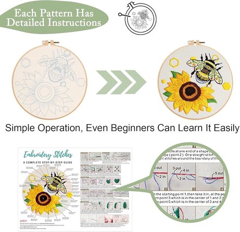 Nuberlic 3 Pack Embroidery Kit for Beginner Adults, Cross Stitch Set with Cute Bee Patterns, Includes Cloth, Hoops, Threads, Needles, Instructions in Kuwait