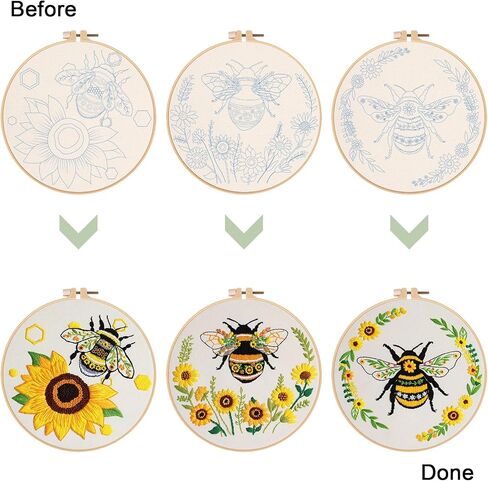 Nuberlic 3 Pack Embroidery Kit for Beginner Adults, Cross Stitch Set with Cute Bee Patterns, Includes Cloth, Hoops, Threads, Needles, Instructions in Kuwait