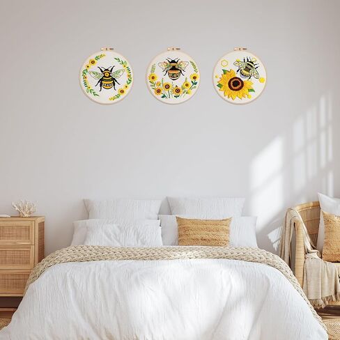 Nuberlic 3 Pack Embroidery Kit for Beginner Adults, Cross Stitch Set with Cute Bee Patterns, Includes Cloth, Hoops, Threads, Needles, Instructions in Kuwait