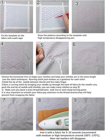 Lampstop Sashiko Kit Sashiko Thread, Needles and Thimble, Inspired Water Soluble Patterns for Japanese Sashiko and Embroidery Design (Style B) in Saudi Arabia