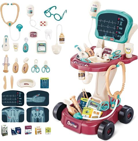 deAO Doctor Child Toy, 29 Accessories with Stethoscope and Electronic Medical Trolley, Role Play Set, for Children 2 3 4 5 6 Years Old in Saudi Arabia